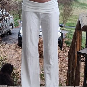 Women's White Fold-Over Low Rise Waist Linen Pants Y2k Retro 2000s